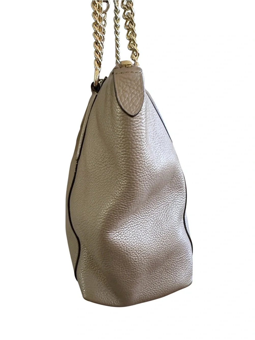 Coach Ava Champagne Gold Pebble‎ Leather Chain Tote Zip Top Shoulder Bag Large